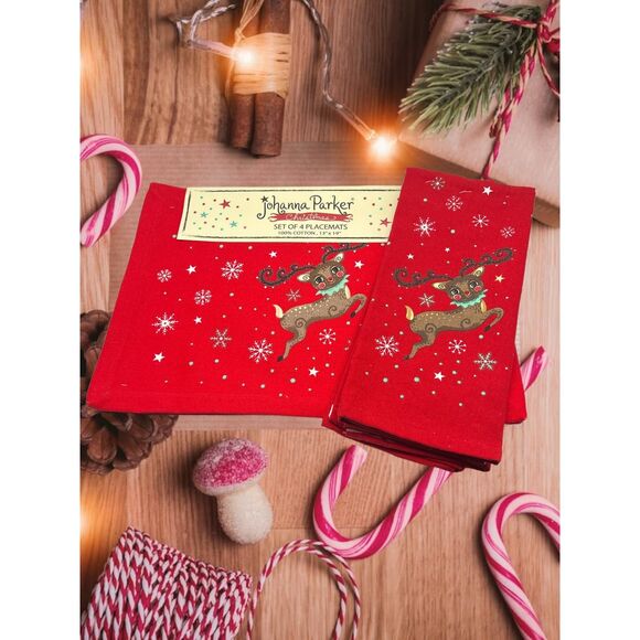 Johanna Parker Reindeer Christmas Placemats and Kitchen Towels Set - Picture 1 of 1